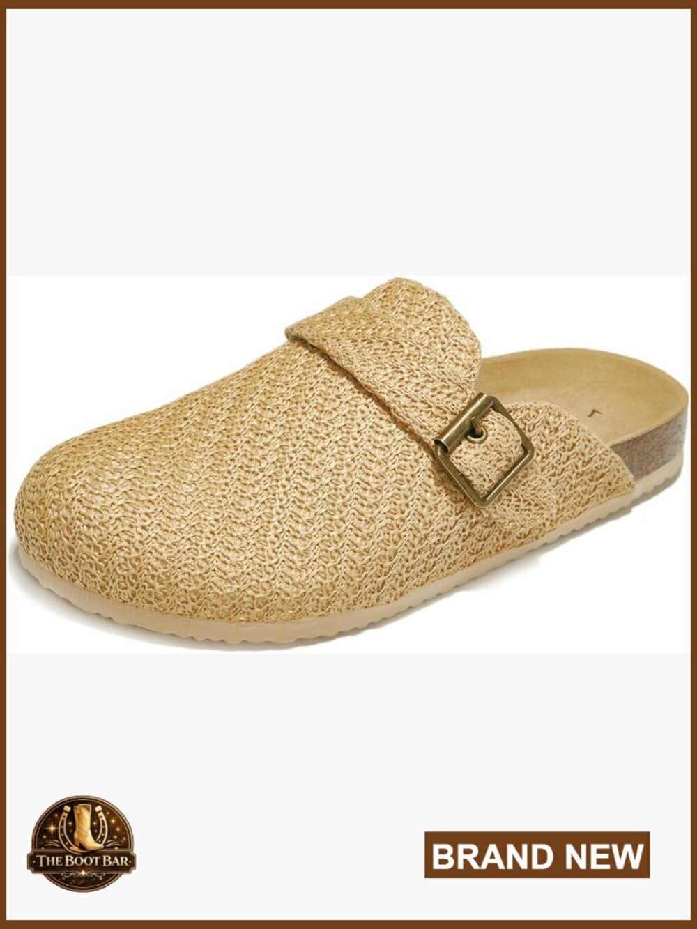 Faux Straw Raffia Clogs with Buckle Strap, Cork Footbed